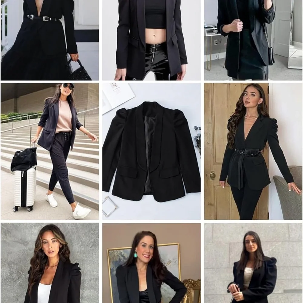Women's Blazers Open Front Puff Sleeve with Pockets - Picture 4 of 7